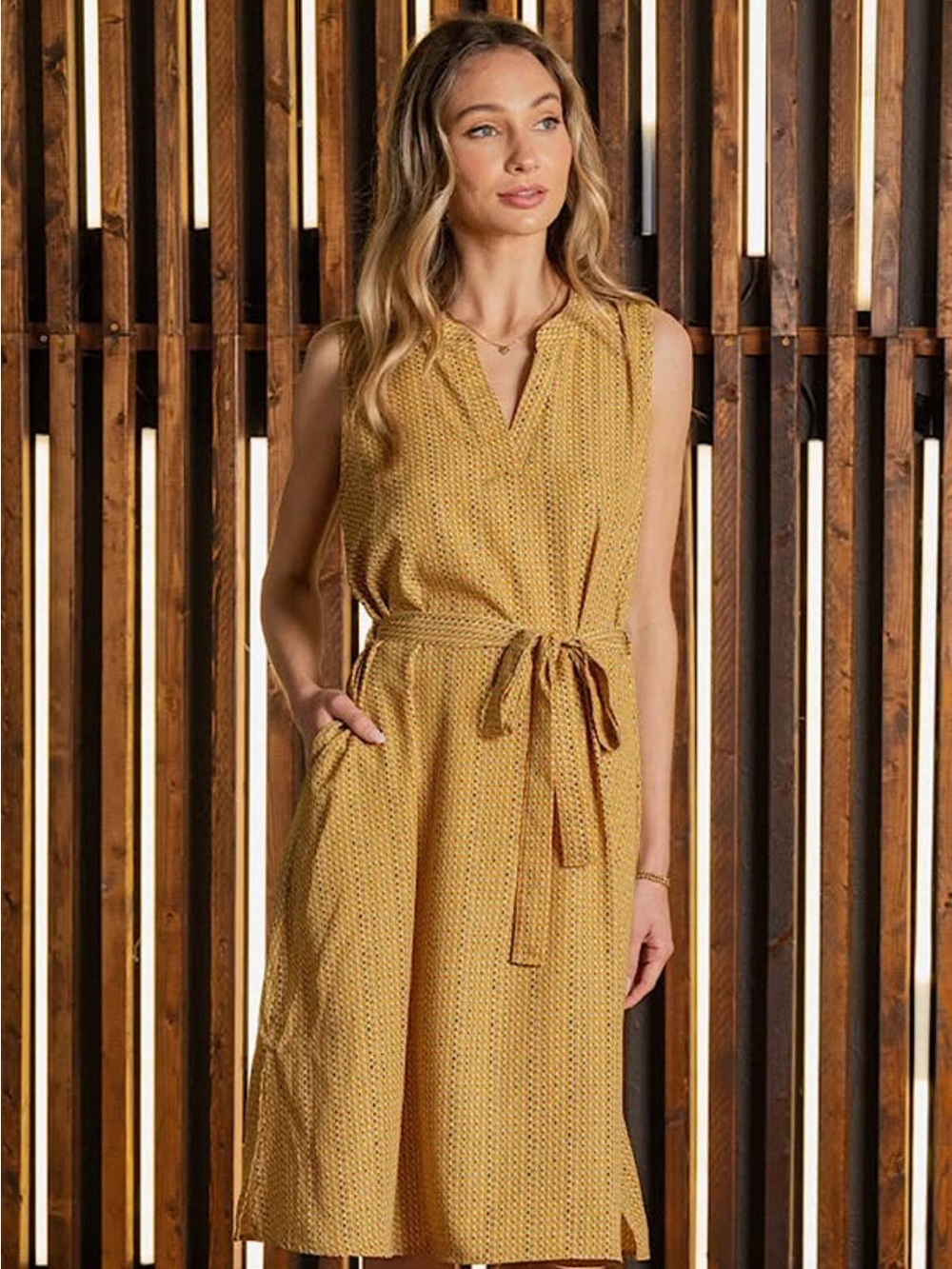 Like Love Sleeveless Mustard Tie-Waist Midi Dress